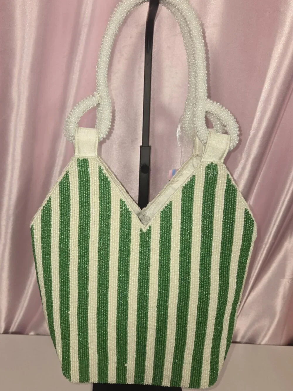 Martini Beaded Top Handle Bag | Green & White Striped | Handcrafted in India | N